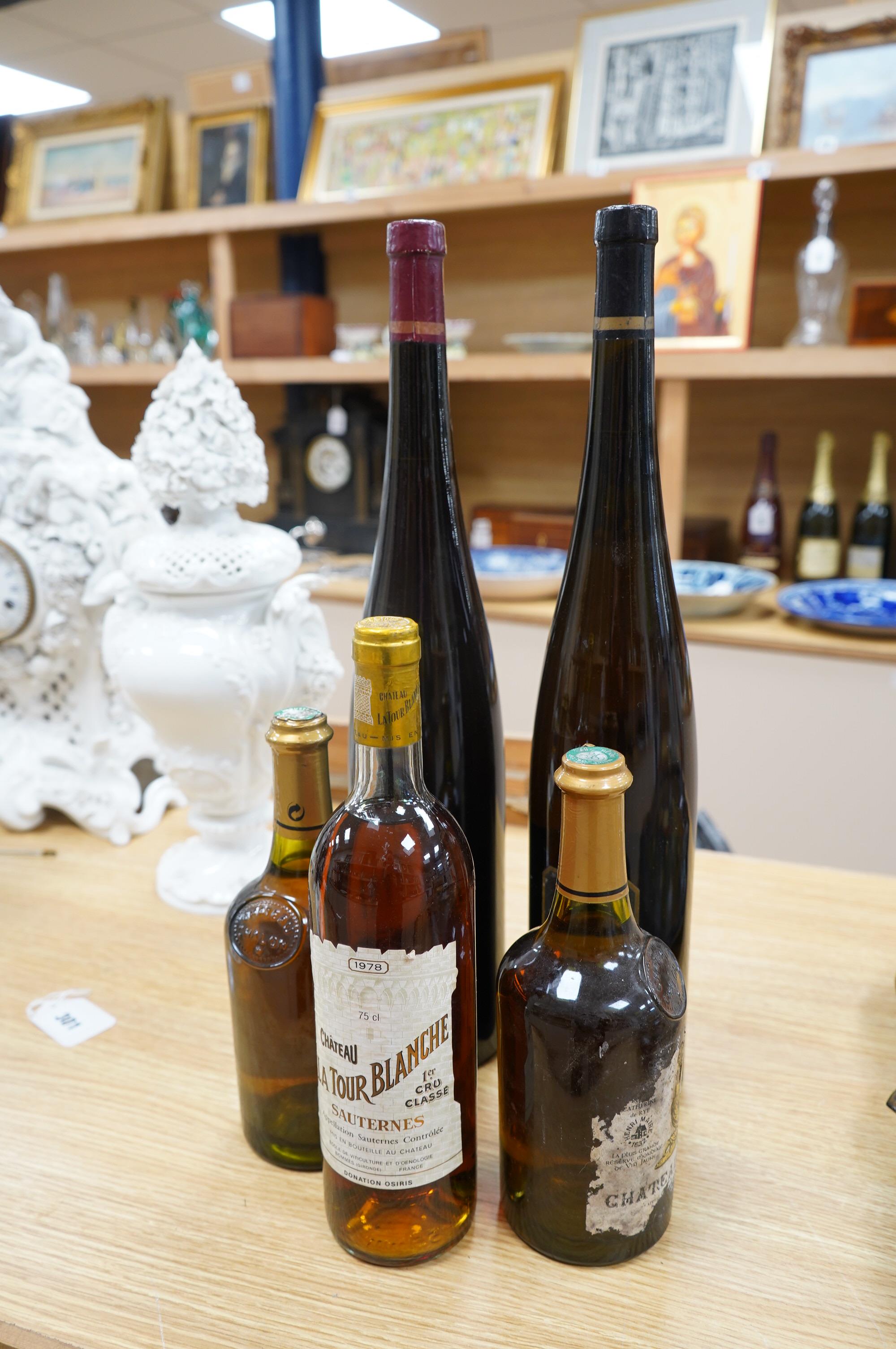 Wine: A bottle of Chateau Latour Blanche, Sauternes, Premiere Cru Classe 1978, a bottle of Chateau Chalon 1990, a bottle of Chateau Chalon 1982, a bottle of Donatien Bahuaud Red 1994, and a bottle of Donatien Bahuaud Whi